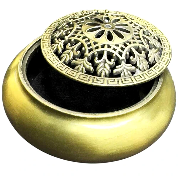 Suport conuri parfumate model floare de crin, set vas arzator pentru tamaie si spirale, metal bronz premium