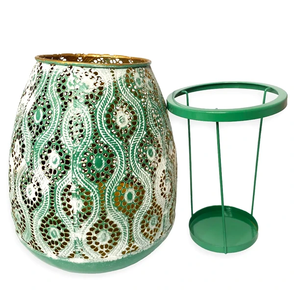 Candela metalică verde, cu interior auriu, 20 cm 