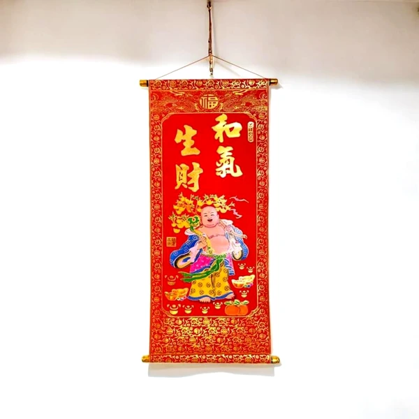 Tablou feng shui Budda vesel cu pepite, remediu pentru bani, catifea 83 cm