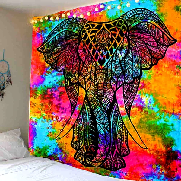 Tapiserie perete mandala elefant, cuvertura artizanala indiana, patura yoga, dimensiuni mari, multicolora 150x100 cm