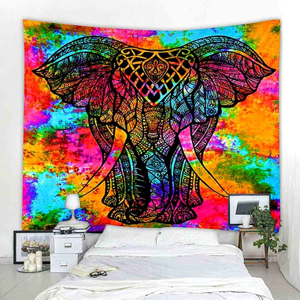 Tapiserie perete mandala elefant, cuvertura artizanala indiana, patura yoga, dimensiuni mari, multicolora 150x100 cm