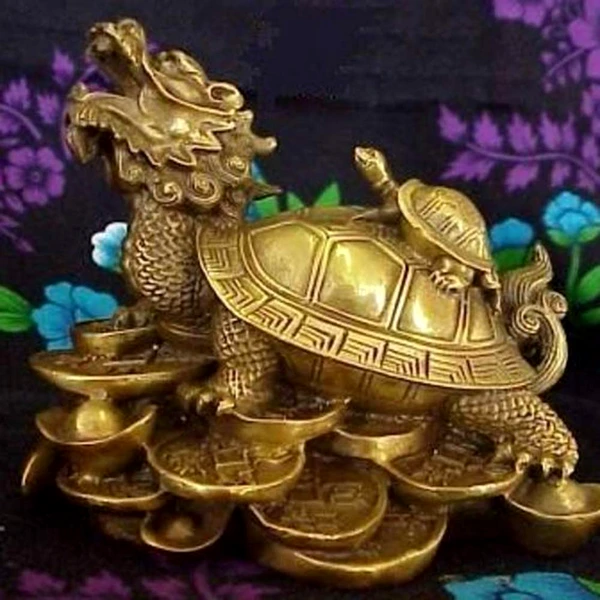 Testoasa dragon cu pui, obiect feng shui pentru fertilitate si bunastarea familiei, statueta auriu