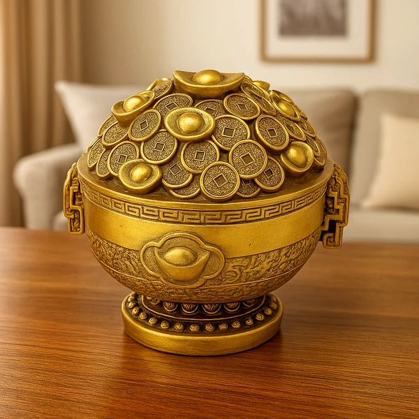 Vasul abundentei feng shui cu monede pepite