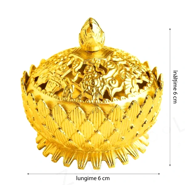 Vasul Abundentei, obiect feng shui cu lotus si 8 simboluri norocoase, pentru atragerea banilor, metal auriu