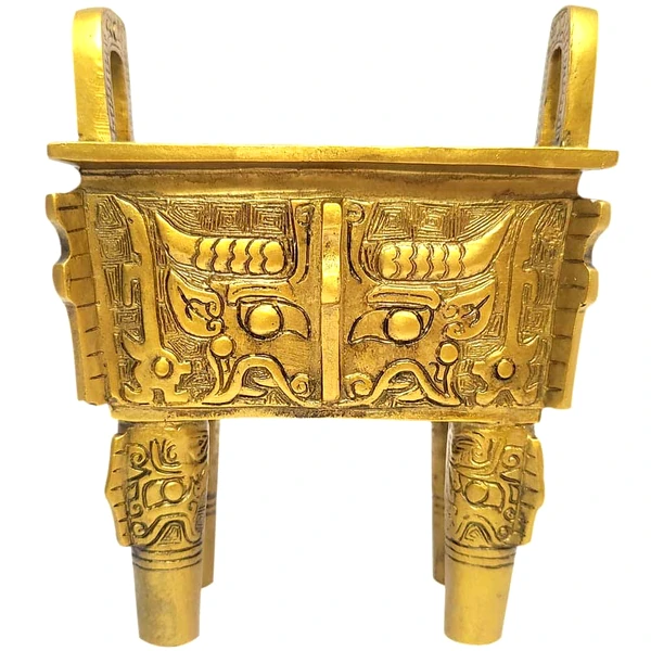 Vasul bogatiei in Feng Shui cu simboluri de prosperitate folosit pentru a strange bani, forma patrata auriu