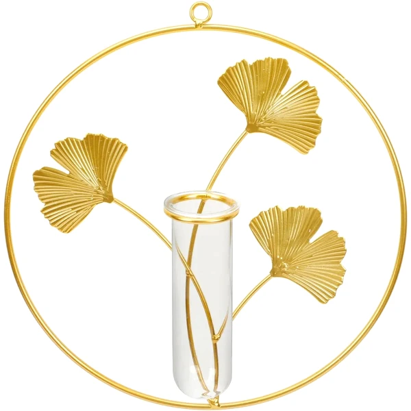Vază decorativă rotundă, din metal și sticlă, cu frunze aurii