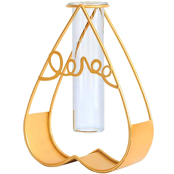 Vază decorativă inimă, din metal auriu și sticlă transparentă 