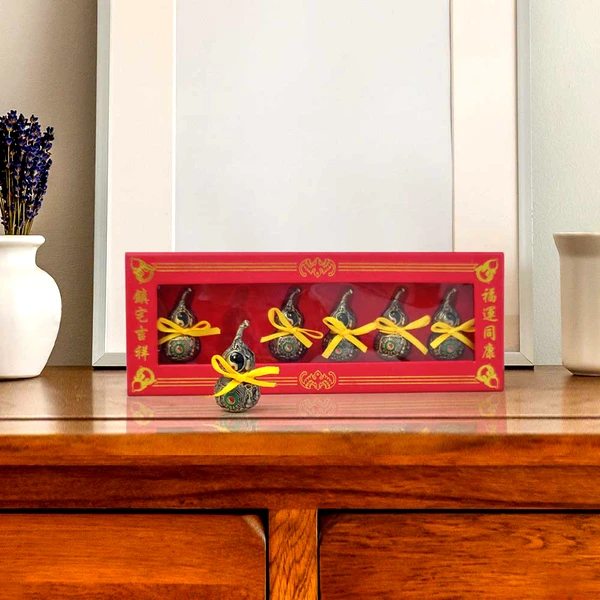 Set amulete sanatate 6 Wu Lou tartacuta feng shui pentru protectia de boli, metal auriu in cutie, 21 cm rosu