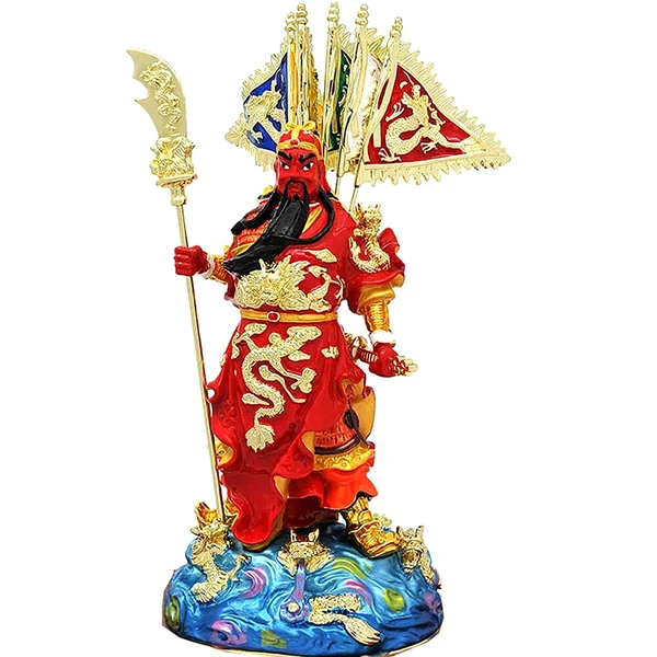 Zeu bogatie magnific Kwan Kung cu 5 Steaguri, statueta 2023 pentru putere, victorie și succes, metal solid