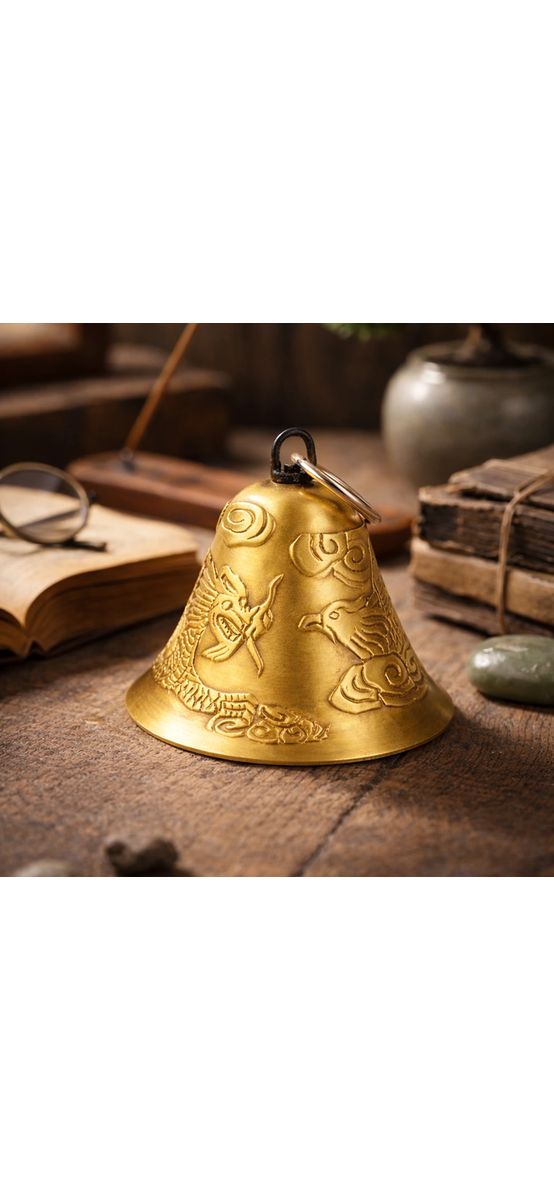 Clopotei cu Phoenix si Dragon, obiect feng shui pentru dragoste, 6 cm auriu