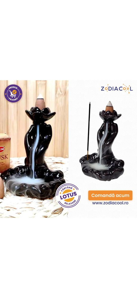 Fântână Lotus în Mână, suport de aromaterapie conuri backflow, 10 cm negru