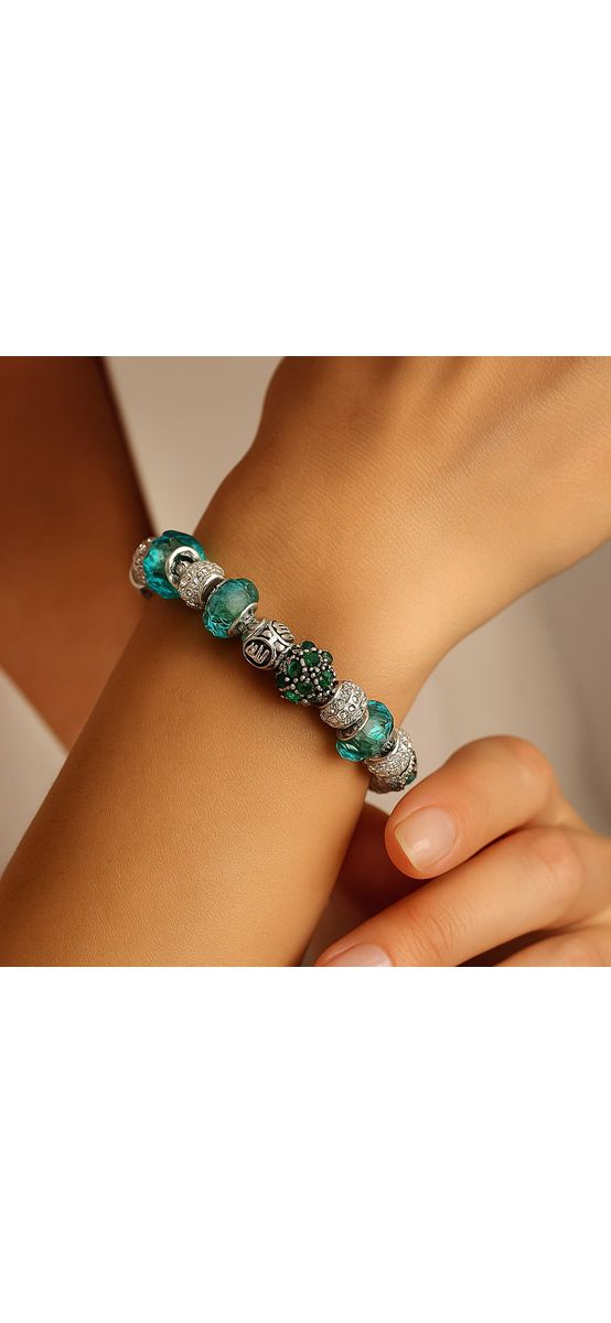 Brățară zodia Balanță tip Pandora, suflată cu argint cu strasuri montate în charmuri, inox solid de calitate verde smarald 19 cm