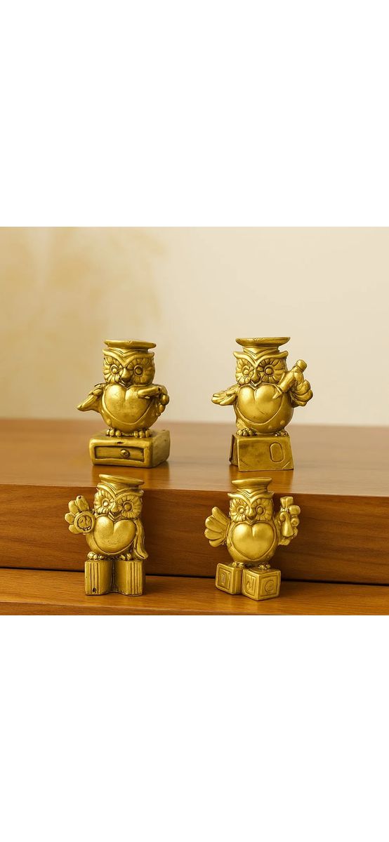 4 Bufnițe înțelepte pentru succes profesional și studiu, obiect decor pentru birou sau living, rășină aurie 5.5 cm