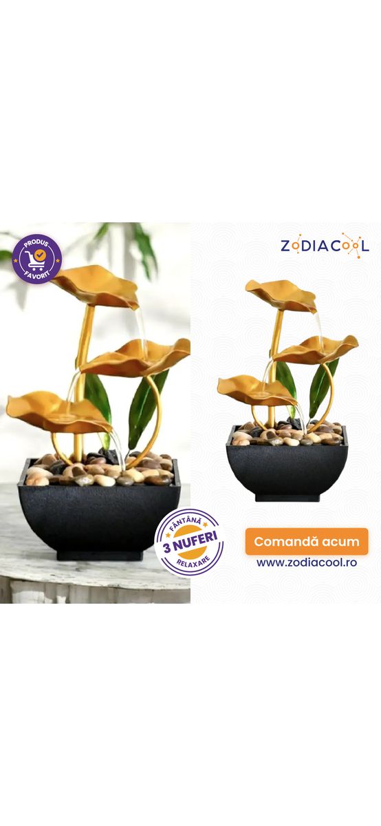 Fântână feng shui 3 nuferi, set cu pietricele, electrică 22 cm