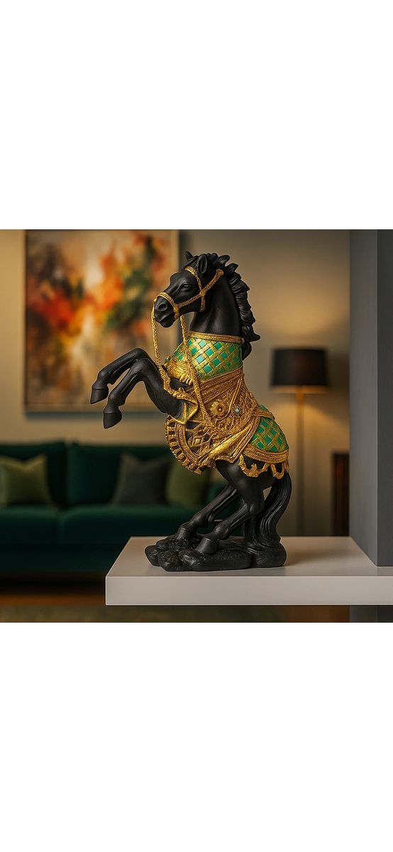 Statuie cal negru cu șa aurie, în două picioare, 19 cm