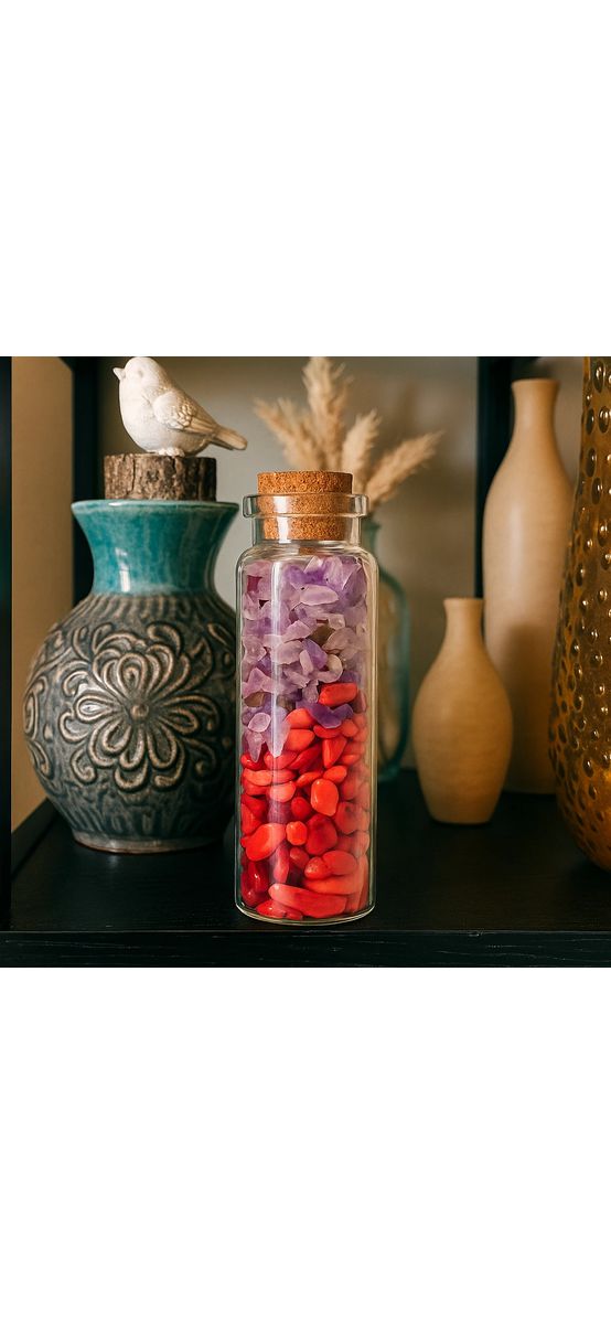 Pietre semipretioase Coral si Ametist, pentru protectia de energii negative, sticla cilindrica decor 40g