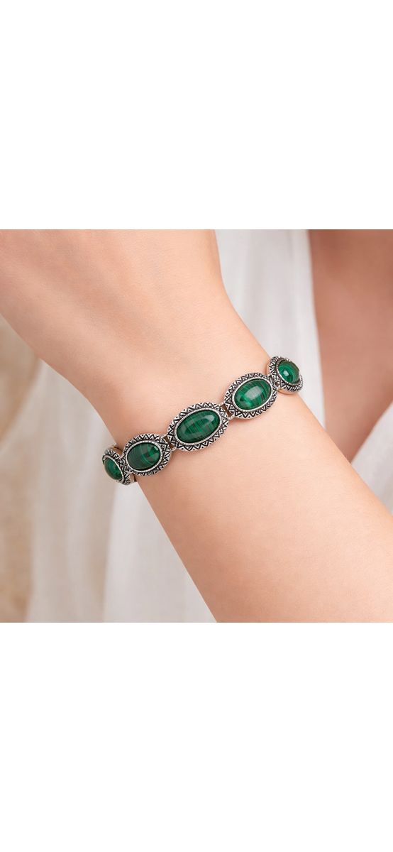 Brățară 7 pietre Malachit, piatră verde formă oval, toggle reglabilă