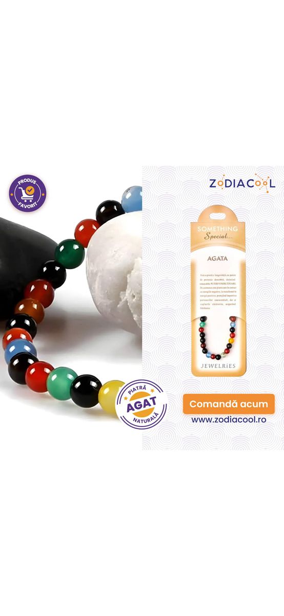 Set bratara Agata multicolor cu felicitare personalizata, talisman impotriva energiilor negative, pietre semipretioase rotunde 6 mm elastica