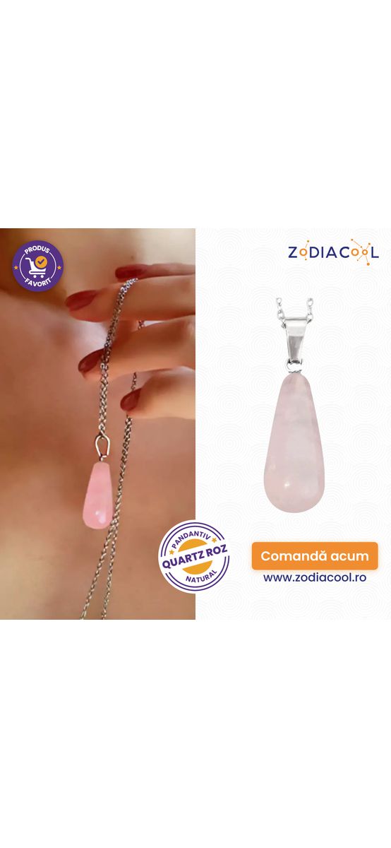 Pandantiv Cuartz Roz, piatra dragostei, cristal natural picătură 25 mm