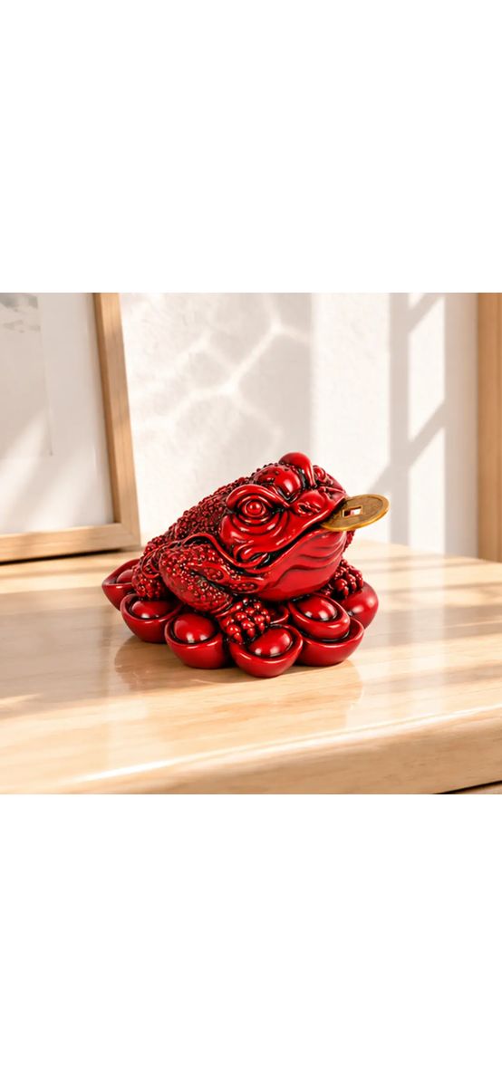 Broasca norocoasa Feng Shui, pe soclu de monede si pepite, statueta piatra 9 cm rosu