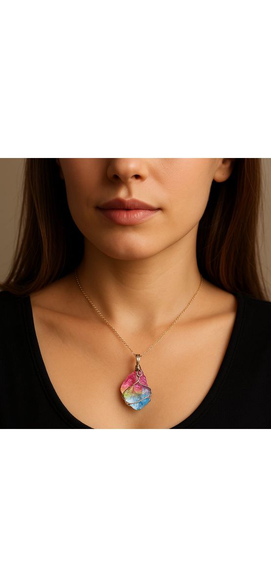 Colier cu pandantiv si lantisor, 7 chakra cristal cuarț natural, piatra comunicării în formă neregulată multicolor