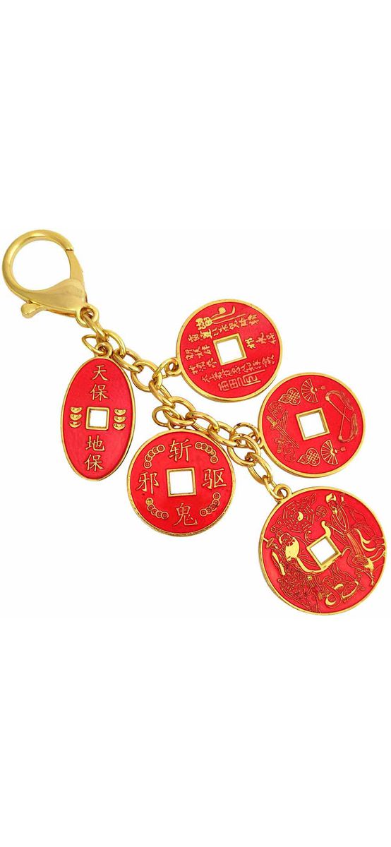 Breloc cu 5 monede norocoase feng shui, amuleta de bani si bogatie, metal rosu