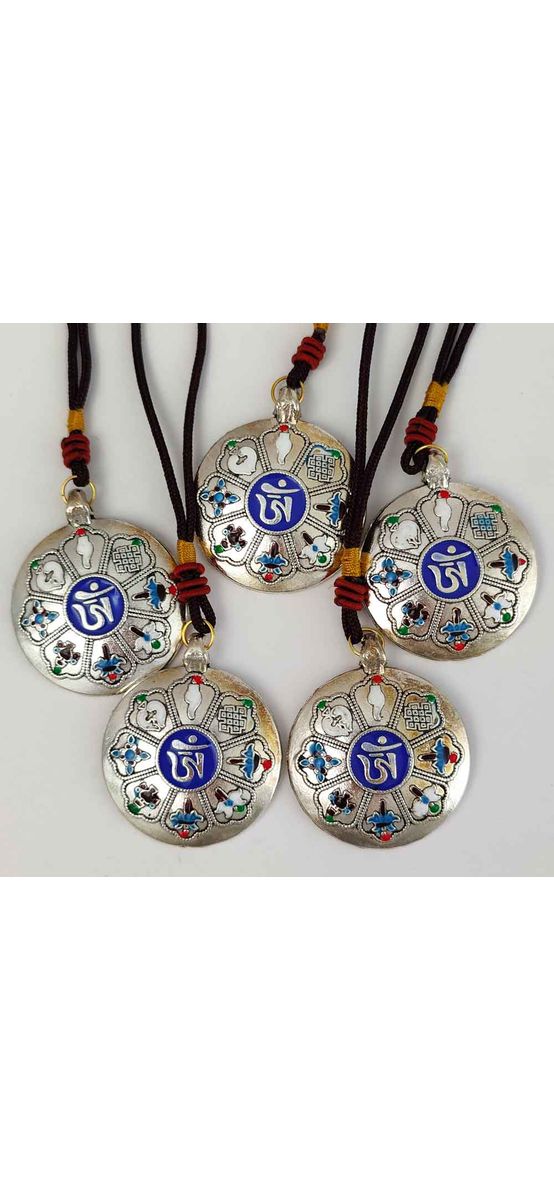 Amuleta tibetană 8 simboluri norocoase pentru multiplicarea norocului, auriu argintiu snur negru