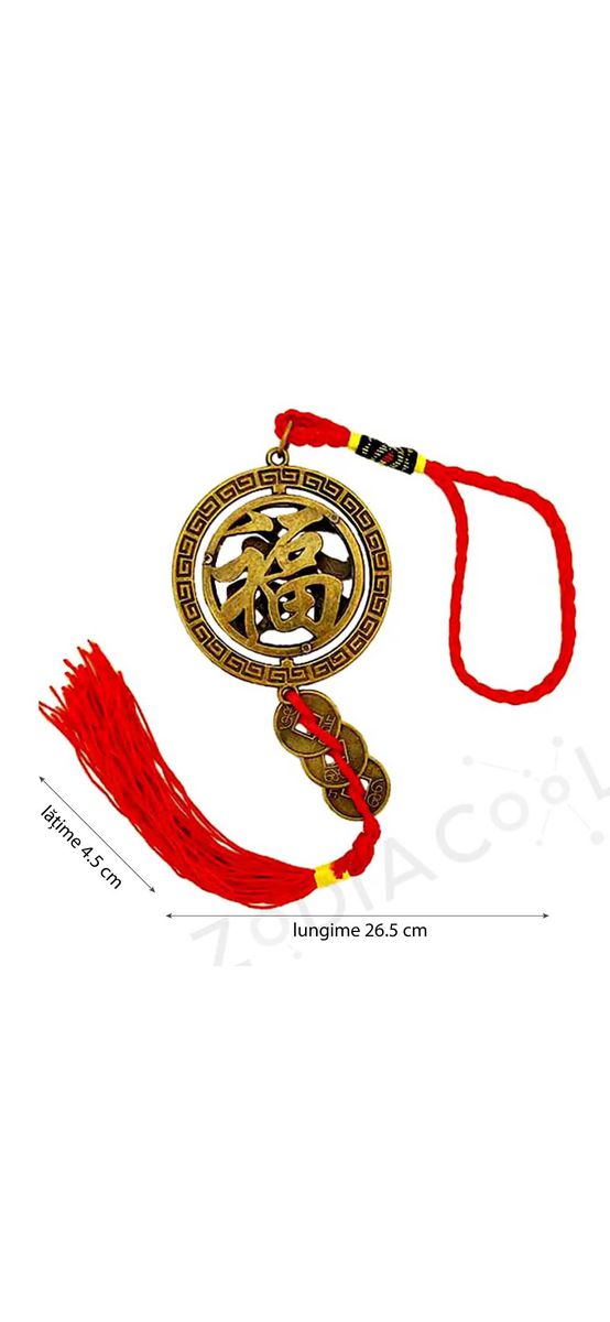 Amuleta anti accidente feng shui, cu monede norocoase, auriu sirag rosu