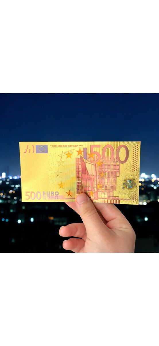 Bancnotă metalică 500 euro, amuletă pentru bani, polimer 15 cm