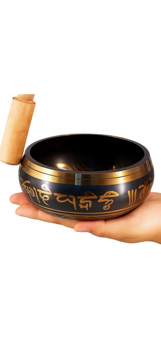 Bol Tibetan cantator, batut manual set cu ciocanel lemn si ceremonial pentru casa, metal 8 cm