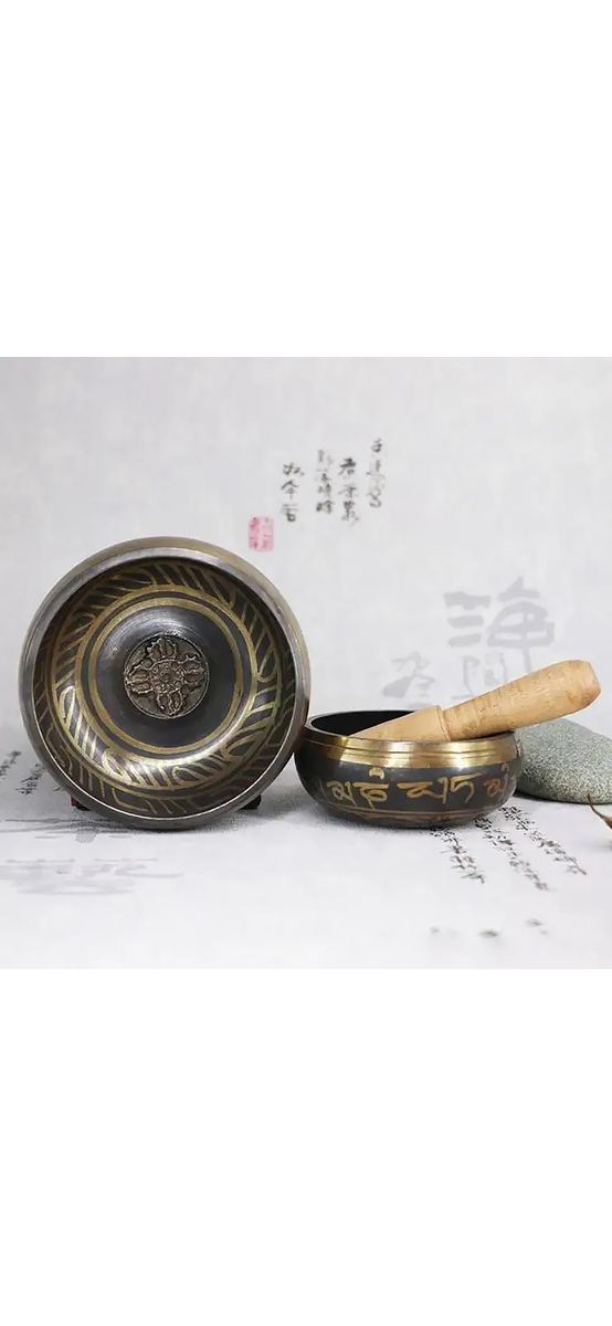 Bol Tibetan cantator, batut manual set cu ciocanel lemn si ceremonial pentru casa, metal 8 cm