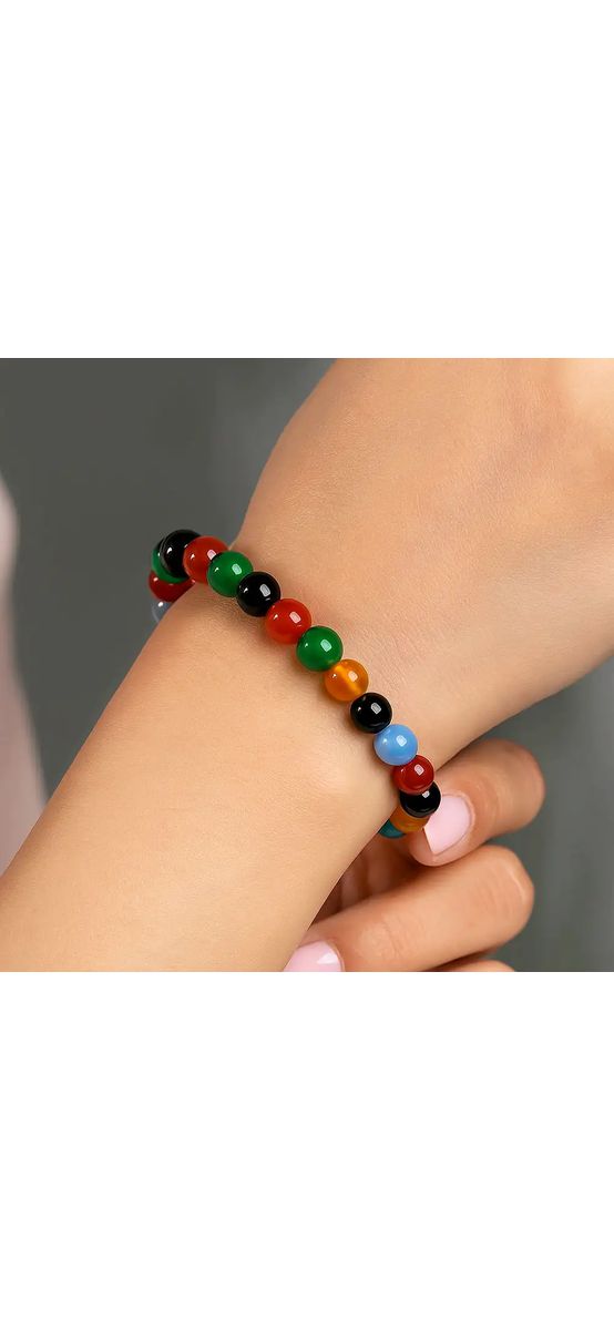 Set bratara Agata multicolor cu felicitare personalizata, talisman impotriva energiilor negative, pietre semipretioase rotunde 6 mm elastica