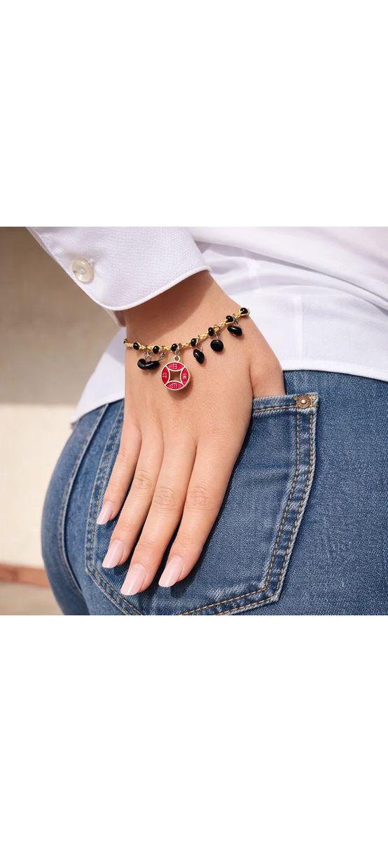 Brățară Obsidian cu ideograma prosperității, piatra protectiei, boho rafie reglabilă