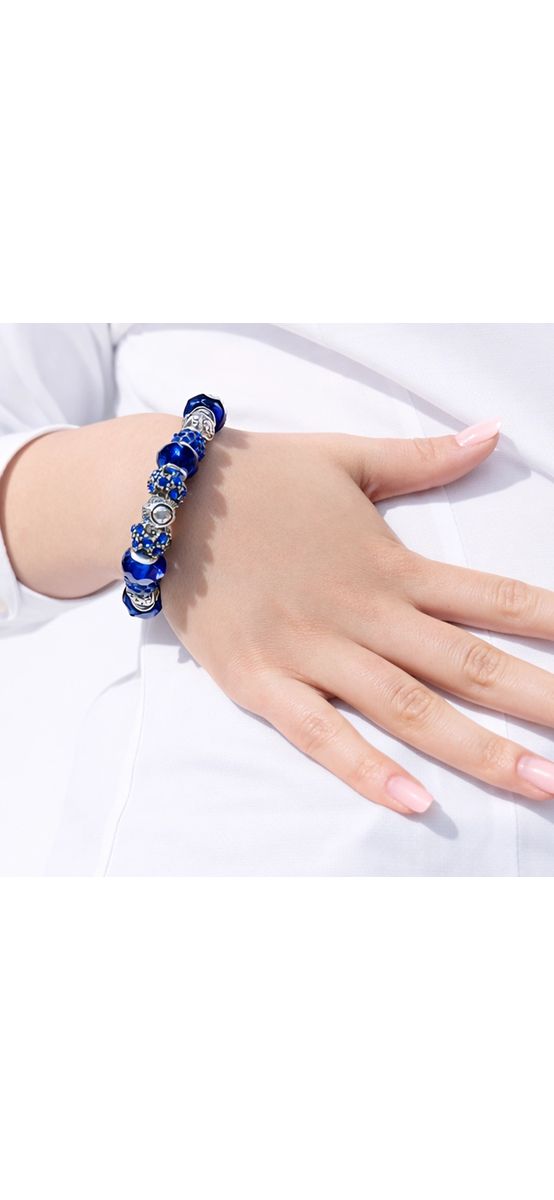 Bratara zodia Capricorn tip Pandora suflată cu argint cu strasuri montate în charmuri, inox solid de calitate albastru închis 19 cm