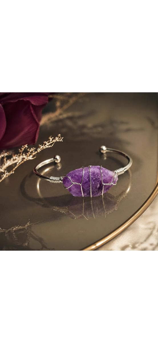Brățară cuart mov, cristal oval, metal argintiu