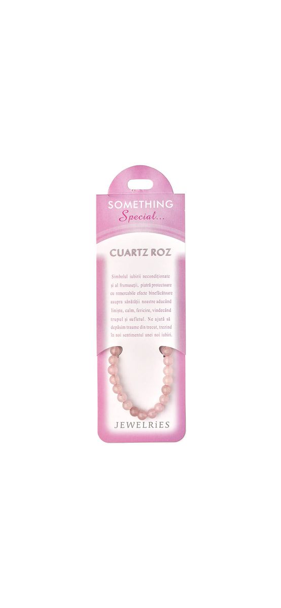 Set Bratara Cuart roz cu felicitare personalizata, pietre semipretioase rotunde 6 mm, elastica