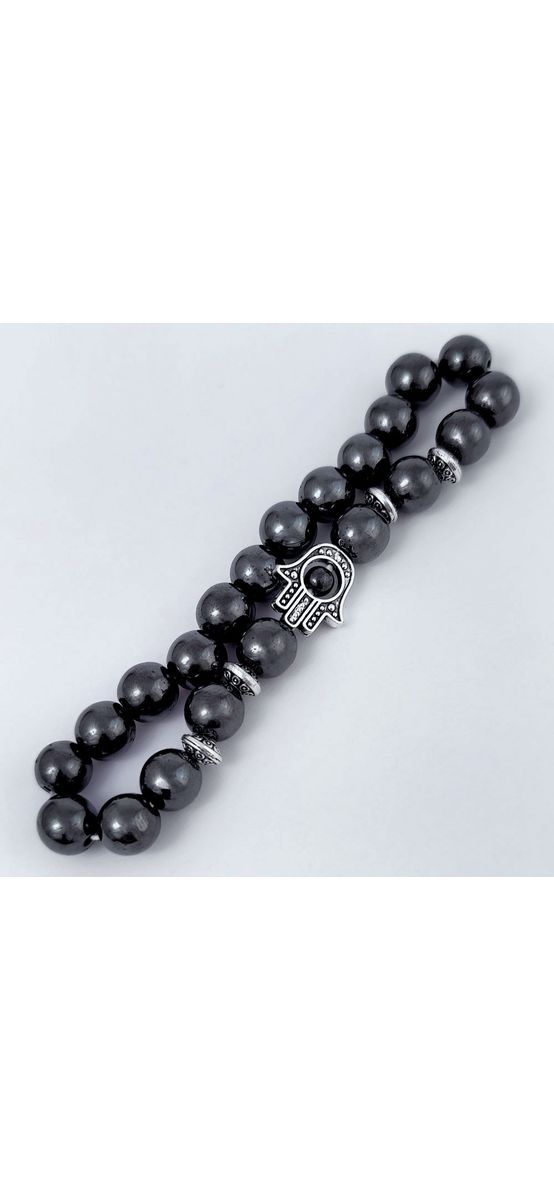 Bratara piatra Hematit cu mana Fatimei, talisman de protectie, femei barbati, elastica negru