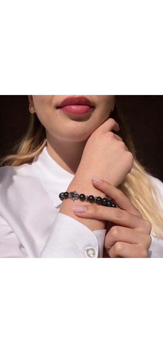 Bratara piatra Hematit cu mana Fatimei, talisman de protectie, femei barbati, elastica negru