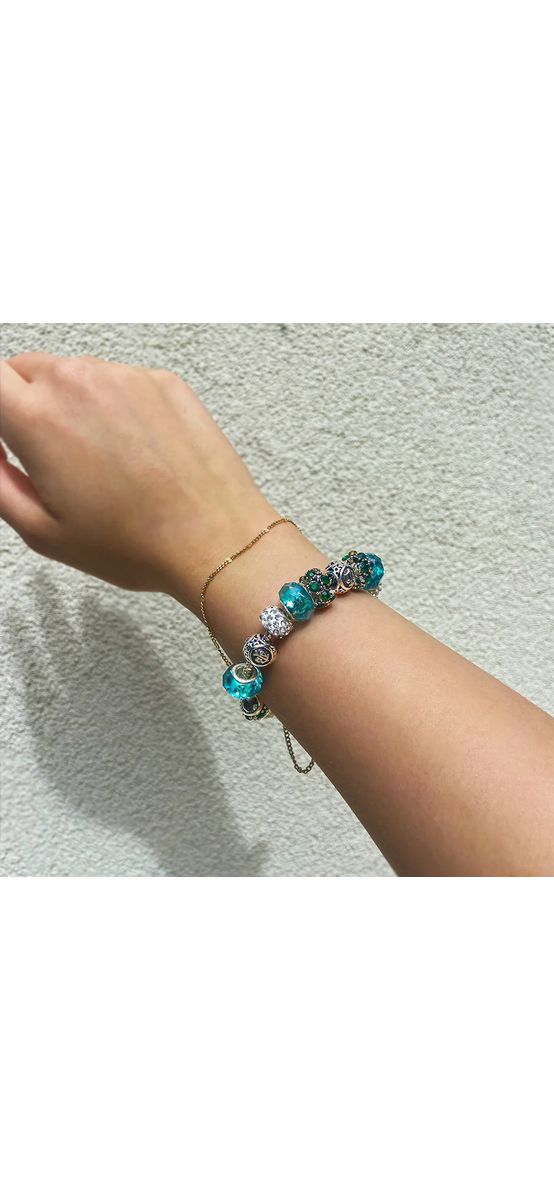 Brățară zodia Balanță tip Pandora, suflată cu argint cu strasuri montate în charmuri, inox solid de calitate verde smarald 19 cm