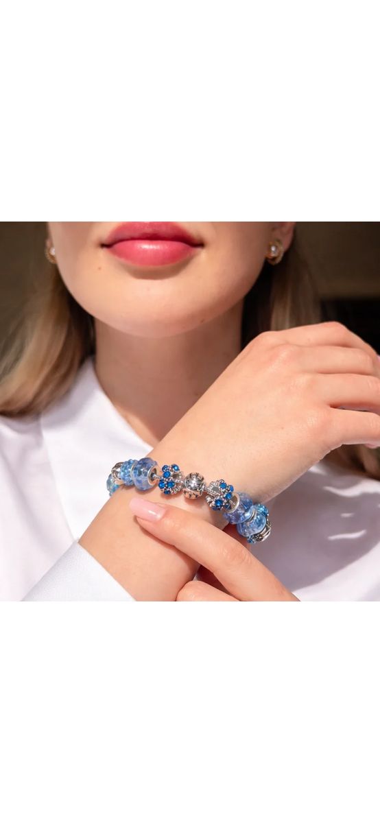 Brățară zodia Berbec tip Pandora, suflată cu argint cu strasuri montate în charmuri, inox solid de calitate turcoaz 19 cm