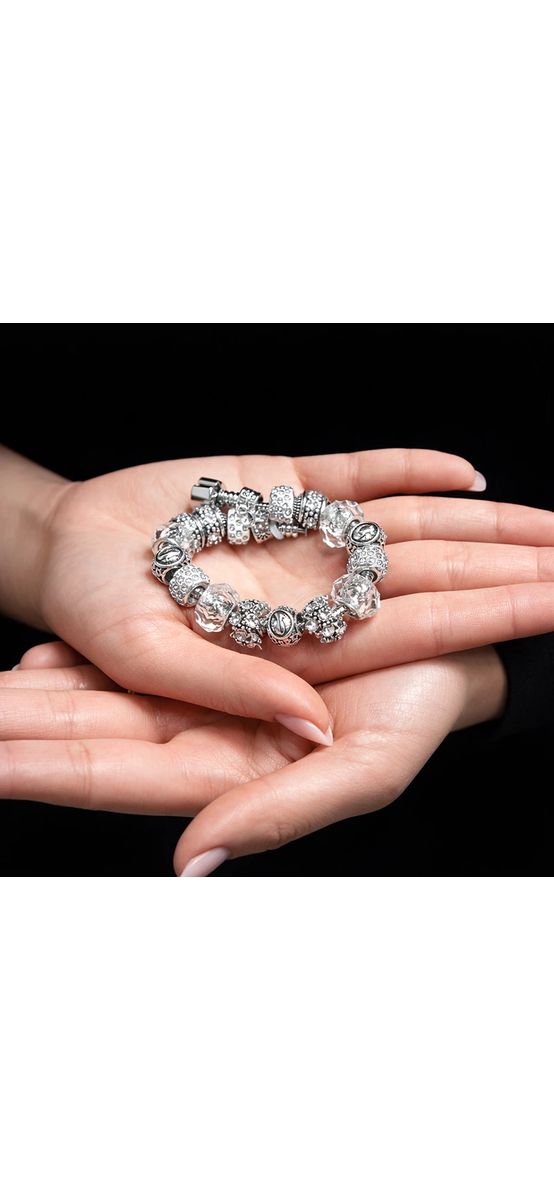 Brățară zodia Fecioară charmuri, suflată cu argint cu strasuri montate în charmuri, inox solid de calitate alb 19 cm