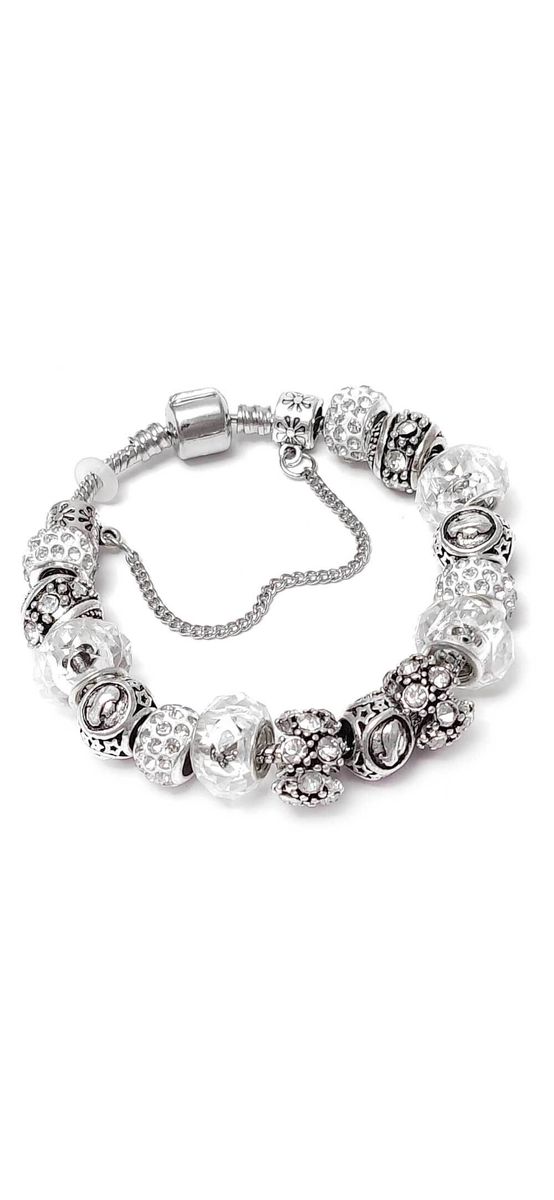 Brățară zodia Fecioară charmuri, suflată cu argint cu strasuri montate în charmuri, inox solid de calitate alb 19 cm