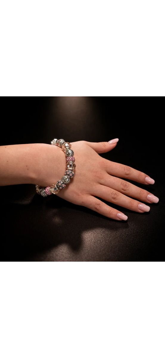 Brățară zodia Rac tip Pandora, suflată cu argint cu strasuri montate în charmuri, inox solid de calitate roz pal 19 cm