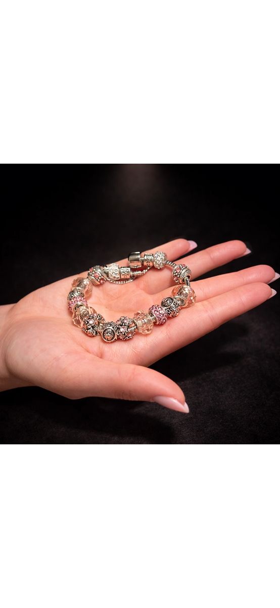 Brățară zodia Rac tip Pandora, suflată cu argint cu strasuri montate în charmuri, inox solid de calitate roz pal 19 cm