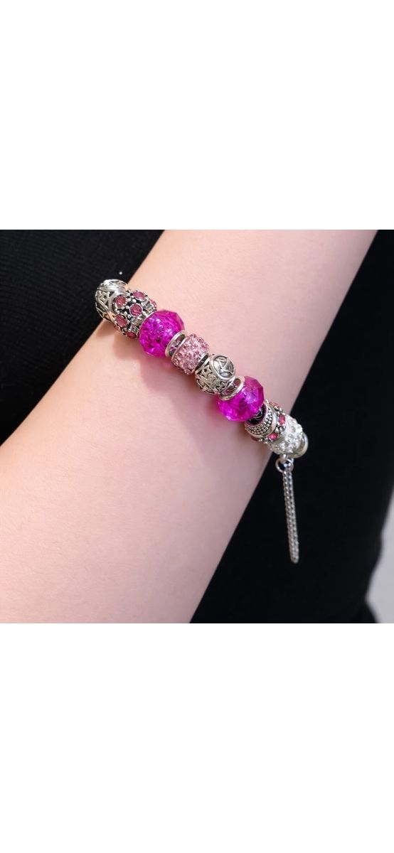 Brățară zodia Săgetător tip Pandora, suflată cu argint cu strasuri montate în charmuri, inox solid de calitate roz 19 cm