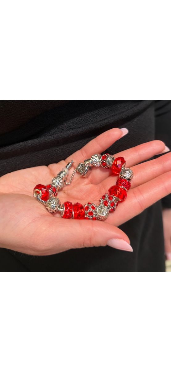 Brățară zodia Scorpion tip Pandora, suflată cu argint cu strasuri montate în charmuri, inox solid de calitate roșu 19 cm