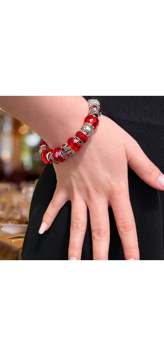 Brățară zodia Scorpion tip Pandora, suflată cu argint cu strasuri montate în charmuri, inox solid de calitate roșu 19 cm