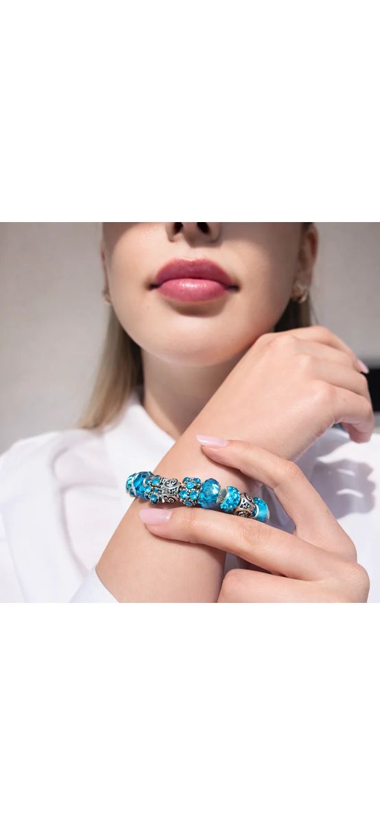 Brățară zodia Vărsător, tip Pandora suflată cu argint cu charmuri semn zodiacal, albastru deschis 19 cm