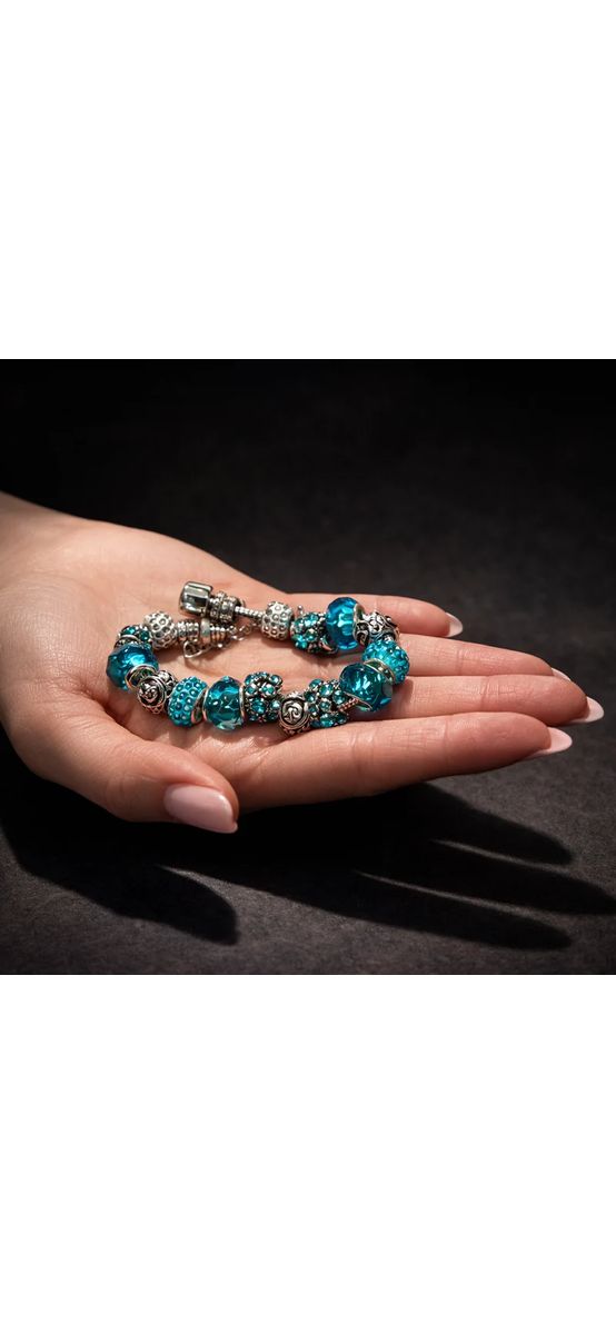 Brățară zodia Vărsător, tip Pandora suflată cu argint cu charmuri semn zodiacal, albastru deschis 19 cm