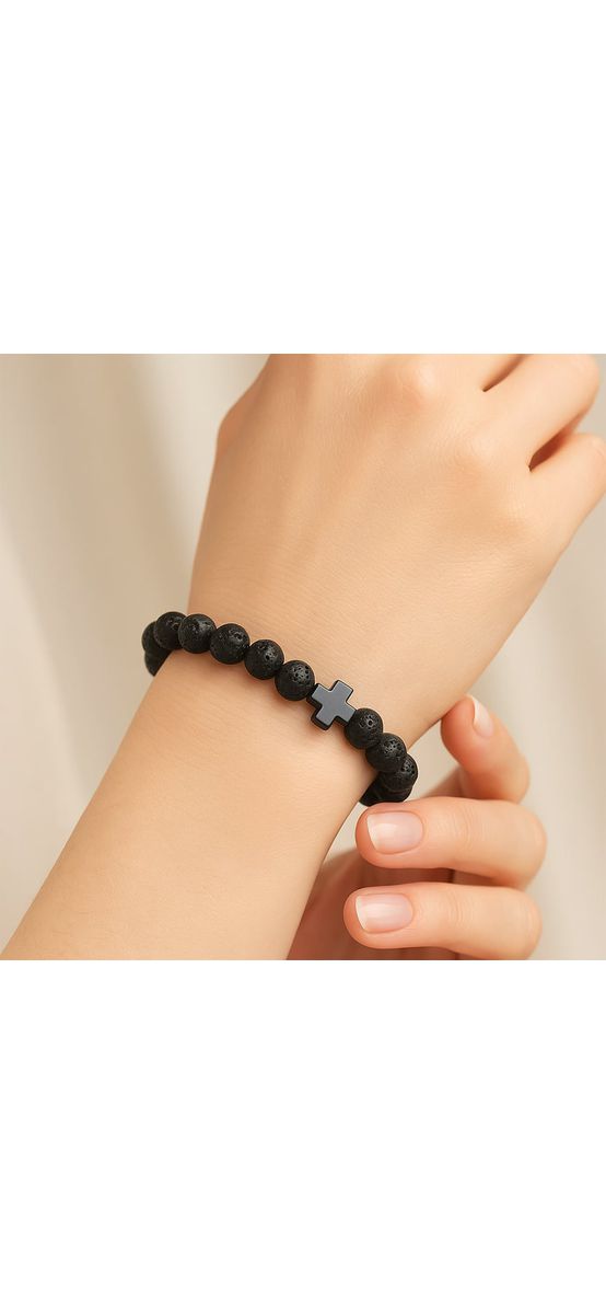 Bratara roca vulcanica lava si cruciulita hematit, femei si barbati, elastic